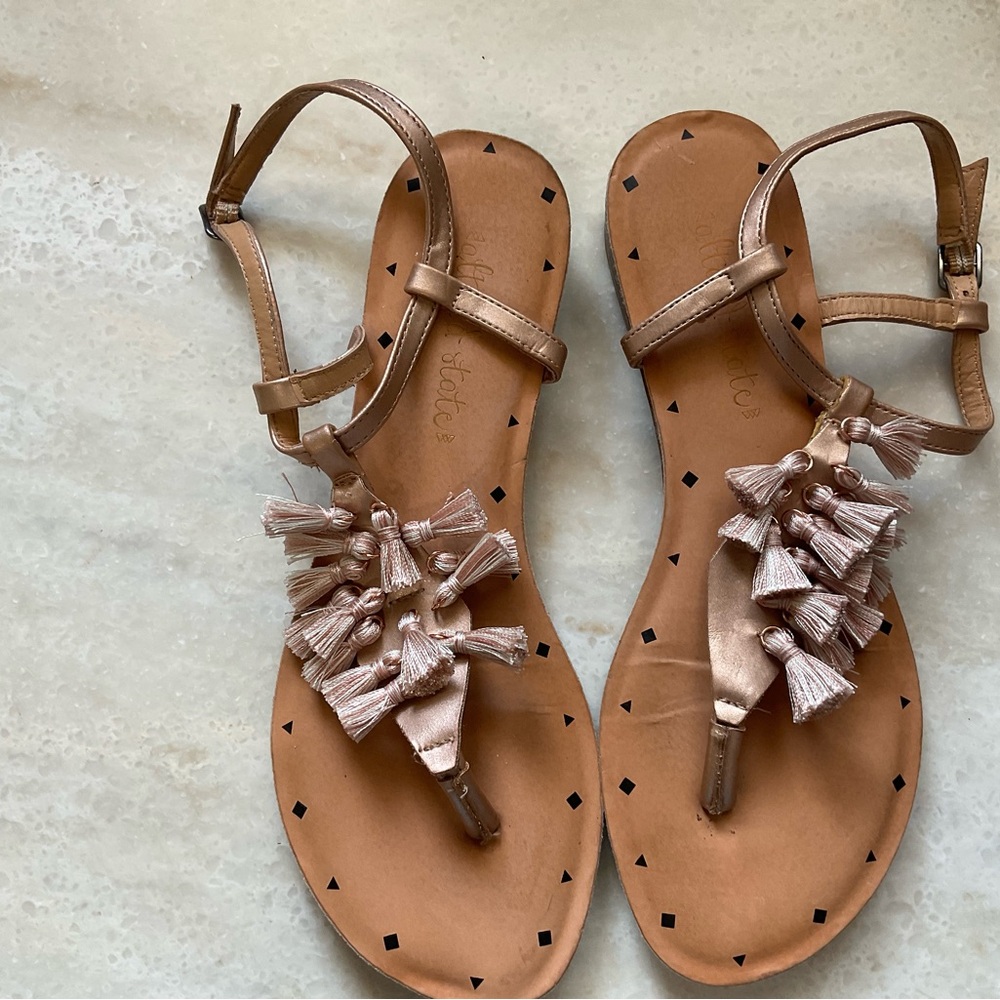 Altar’s State  Tan Sandals with Criss-Cross Straps and Ankle Buckle